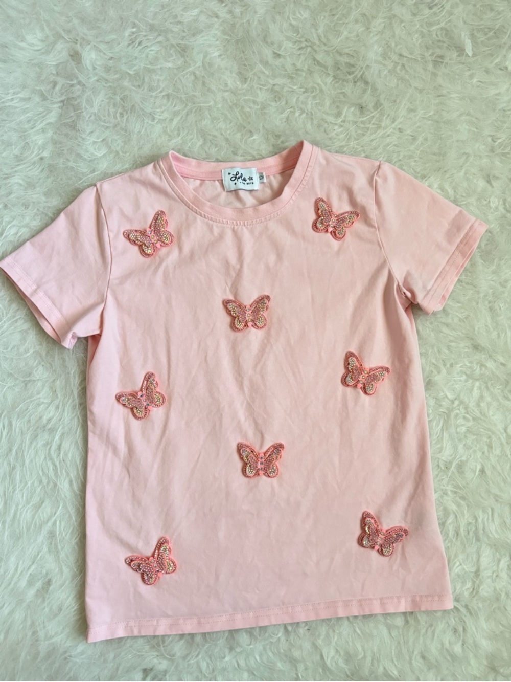 Lola + The Boys Pink Tee with 3D Sparkly Butterfly Accents